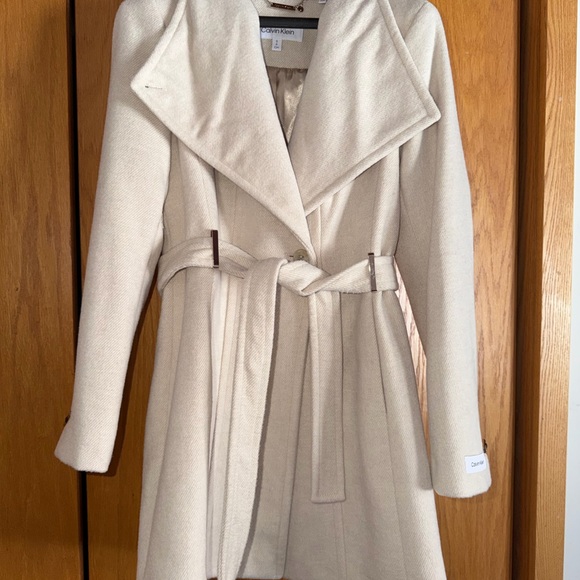 Calvin Klein Cream Belted Wrap Coat - Picture 3 of 5
